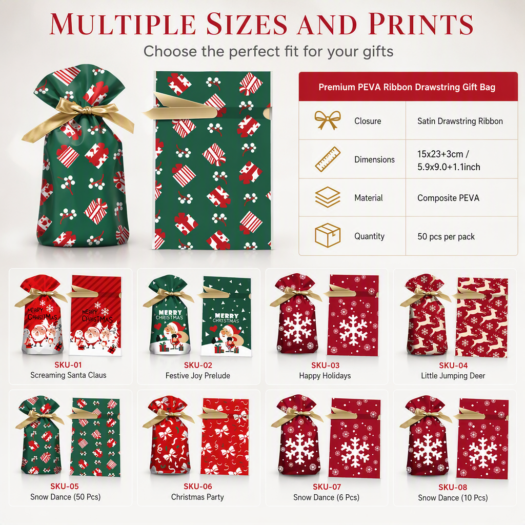 Christmas Drawstring Gift Bags with Ribbon