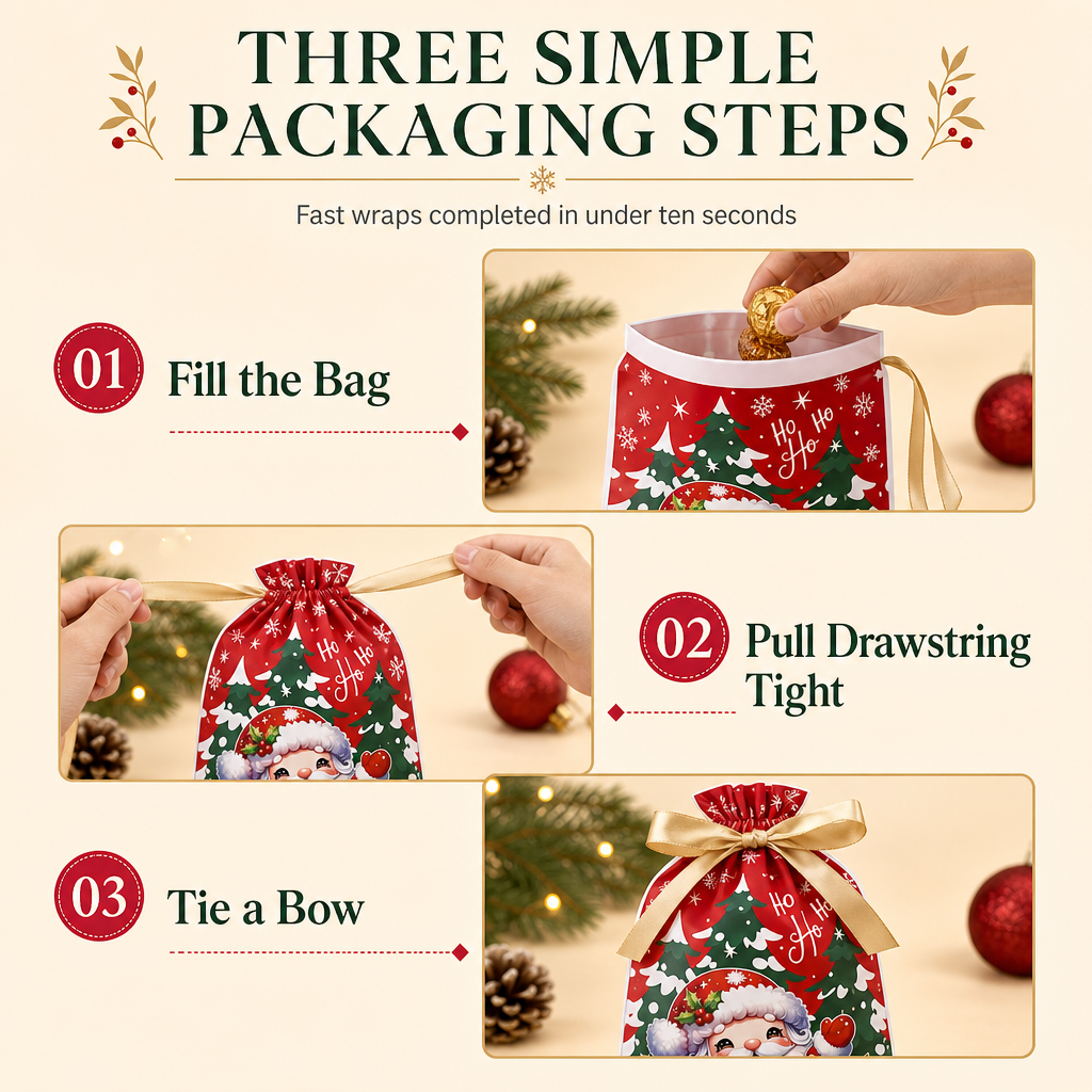 Christmas Drawstring Gift Bags with Ribbon
