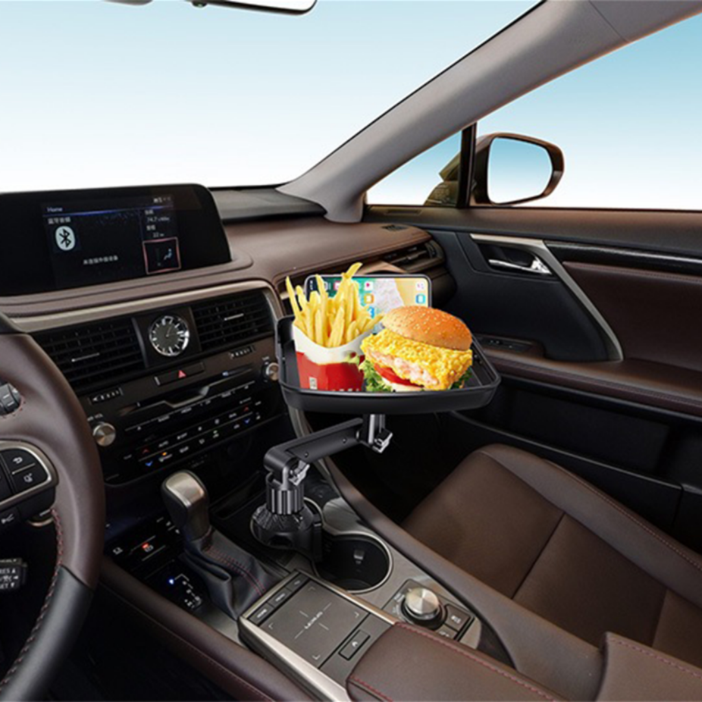🚗 Car Cup Holder Tray: 360° Swivel, Extendable Surface, Phone Slot, Tool-Free Install
