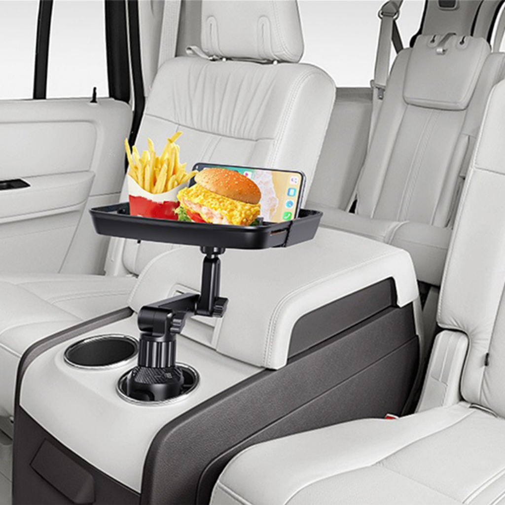 🚗 Car Cup Holder Tray: 360° Swivel, Extendable Surface, Phone Slot, Tool-Free Install