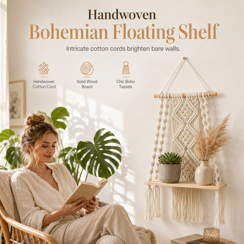 🎁2026 New Arrivals 50% OFF💥Bohemian Hand Woven Macrame Wall Hanging Floating Shelf for Books and Plants Living Room Decor