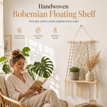 🎁2026 New Arrivals 50% OFF💥Bohemian Hand Woven Macrame Wall Hanging Floating Shelf for Books and Plants Living Room Decor