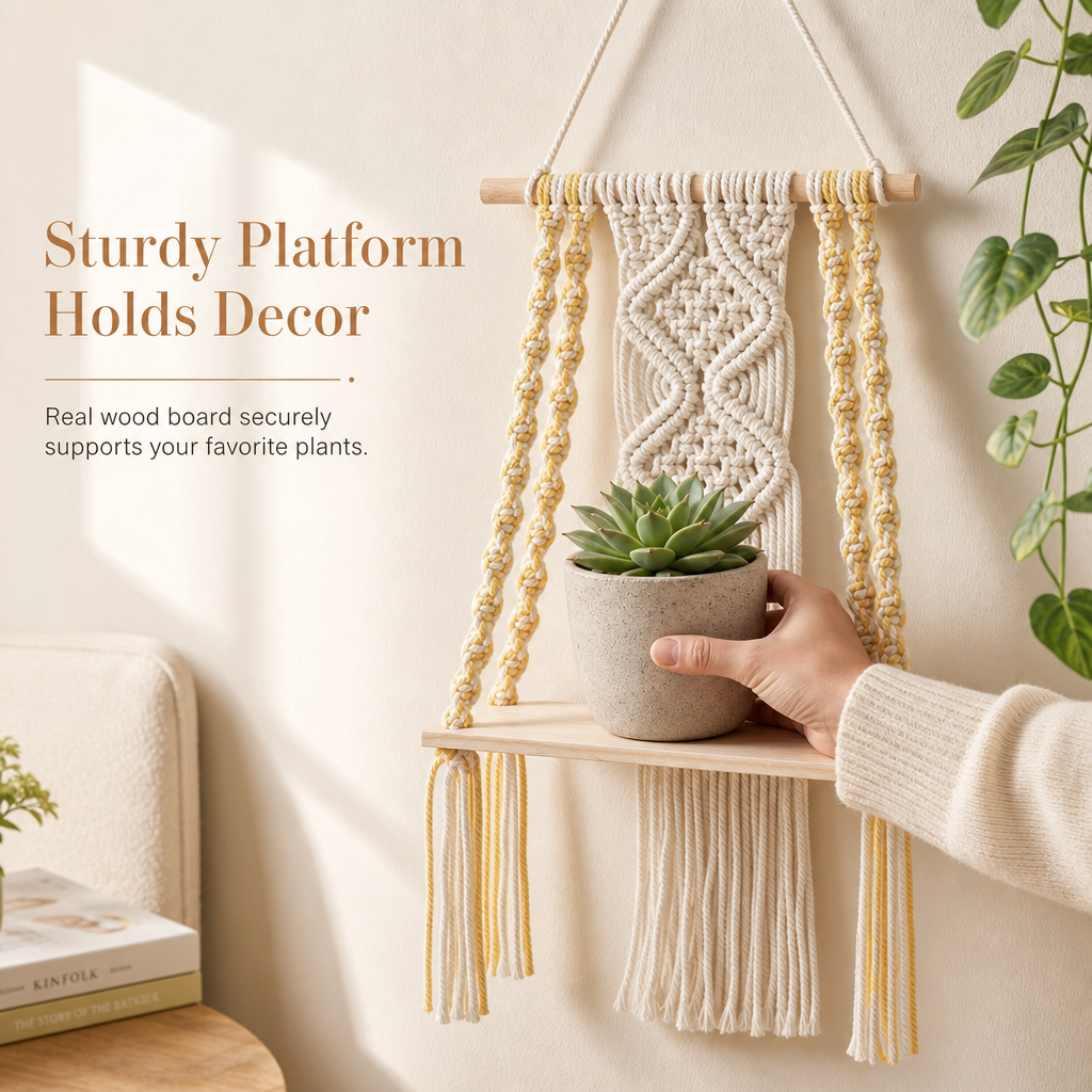 🎁2026 New Arrivals 50% OFF💥Bohemian Hand Woven Macrame Wall Hanging Floating Shelf for Books and Plants Living Room Decor
