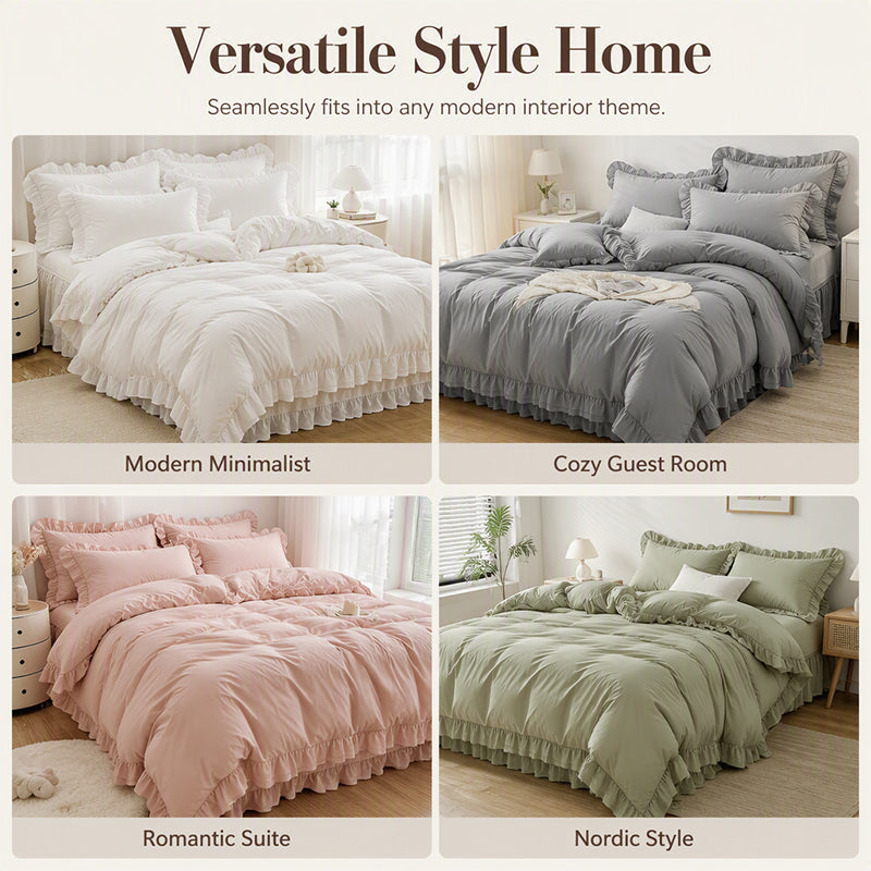 Simple Solid Color 4-Piece Bedding Set with Ruffled Borders