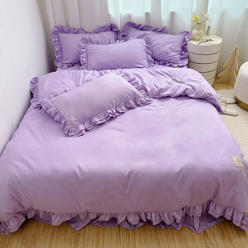 Simple Solid Color 4-Piece Bedding Set with Ruffled Borders