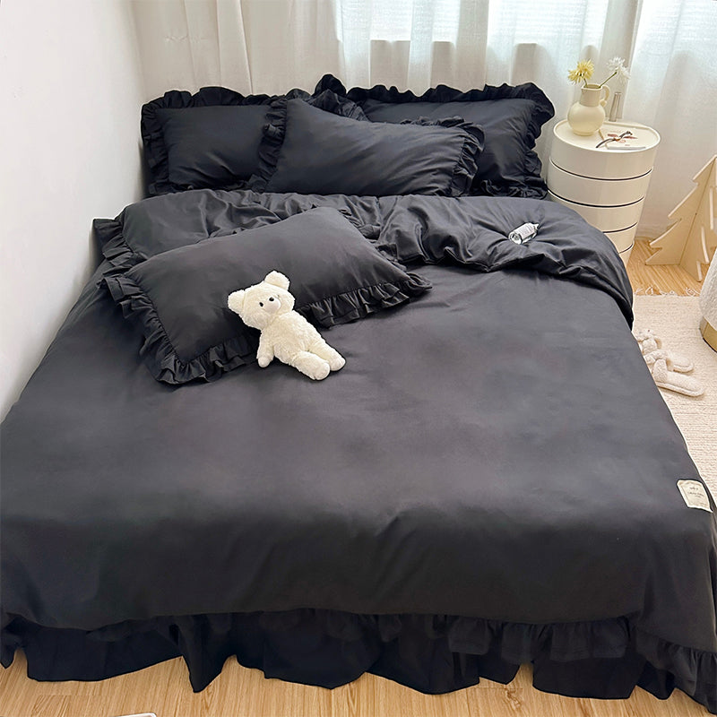 Simple Solid Color 4-Piece Bedding Set with Ruffled Borders