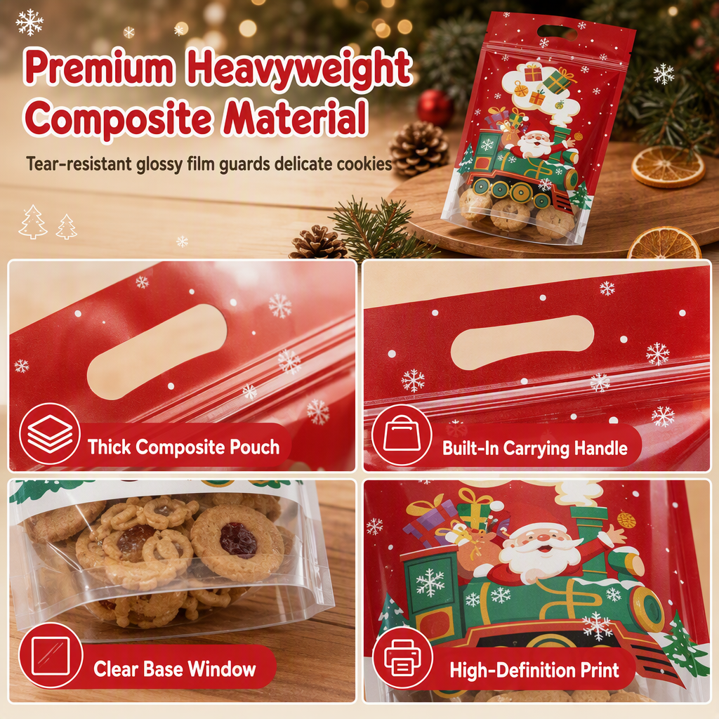 50 Pack Christmas Candy Bags Cartoon Stand Up Zipper Pouches for Snowflake Crisp Cookie and Baking Food Packaging