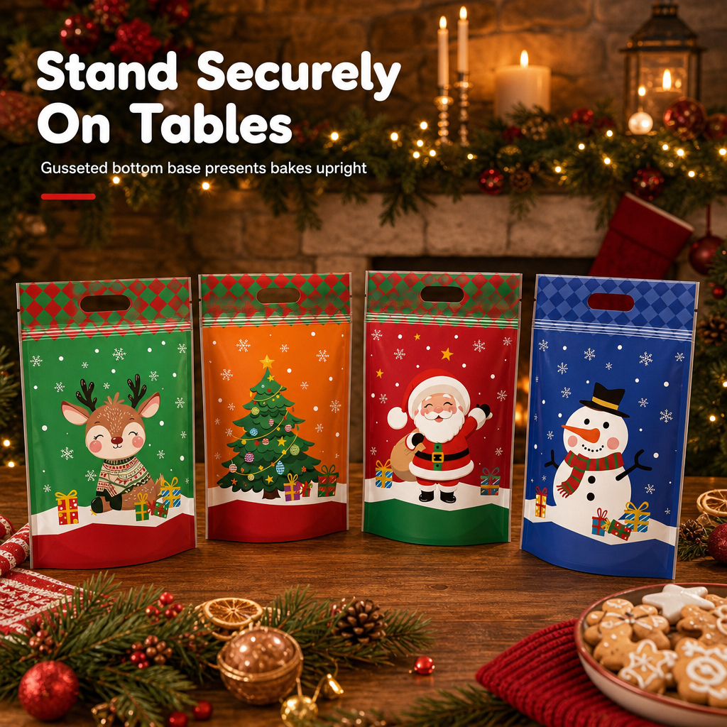 50 Pack Christmas Candy Bags Cartoon Stand Up Zipper Pouches for Snowflake Crisp Cookie and Baking Food Packaging