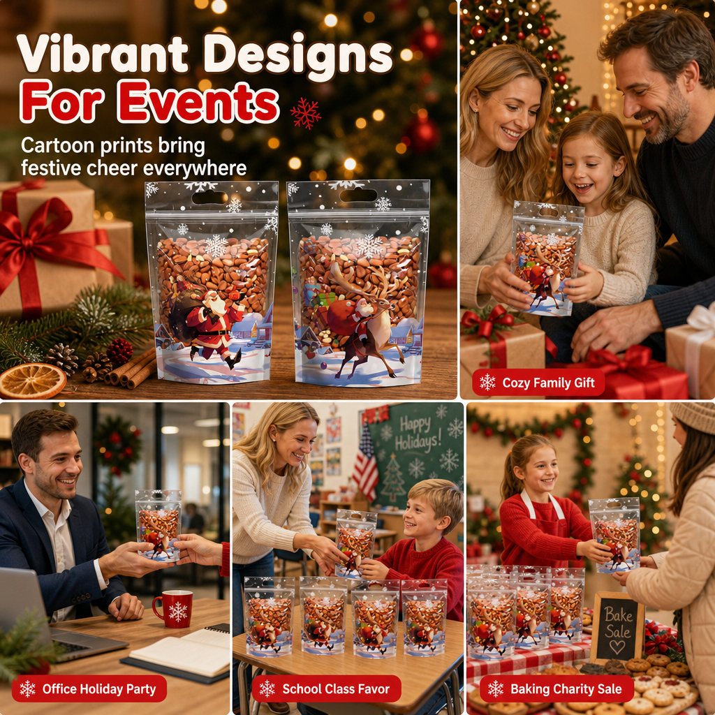 50 Pack Christmas Candy Bags Cartoon Stand Up Zipper Pouches for Snowflake Crisp Cookie and Baking Food Packaging