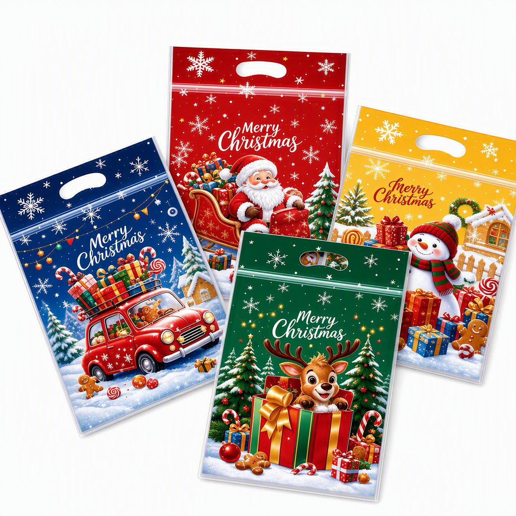 50 Pack Christmas Candy Bags Cartoon Stand Up Zipper Pouches for Snowflake Crisp Cookie and Baking Food Packaging