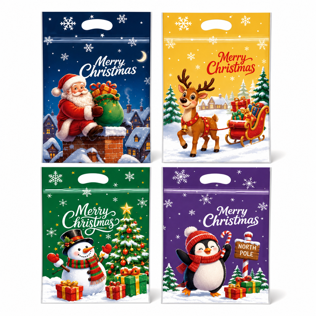 50 Pack Christmas Candy Bags Cartoon Stand Up Zipper Pouches for Snowflake Crisp Cookie and Baking Food Packaging