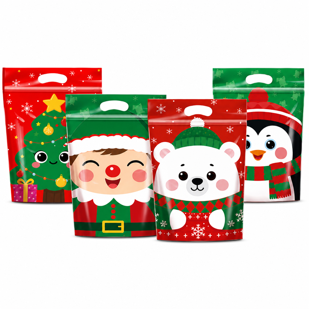 50 Pack Christmas Candy Bags Cartoon Stand Up Zipper Pouches for Snowflake Crisp Cookie and Baking Food Packaging
