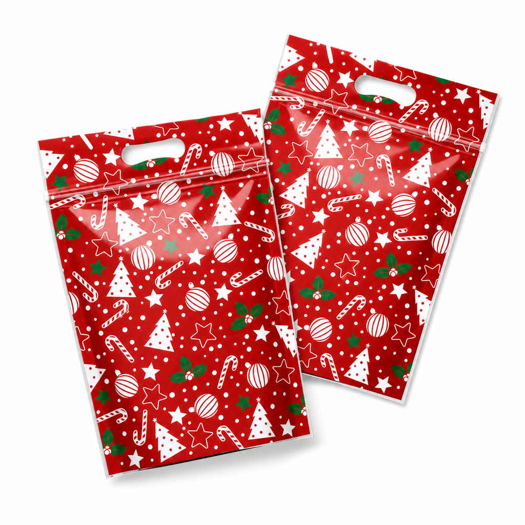 50 Pack Christmas Candy Bags Cartoon Stand Up Zipper Pouches for Snowflake Crisp Cookie and Baking Food Packaging