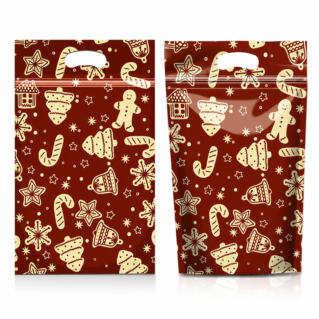 50 Pack Christmas Candy Bags Cartoon Stand Up Zipper Pouches for Snowflake Crisp Cookie and Baking Food Packaging