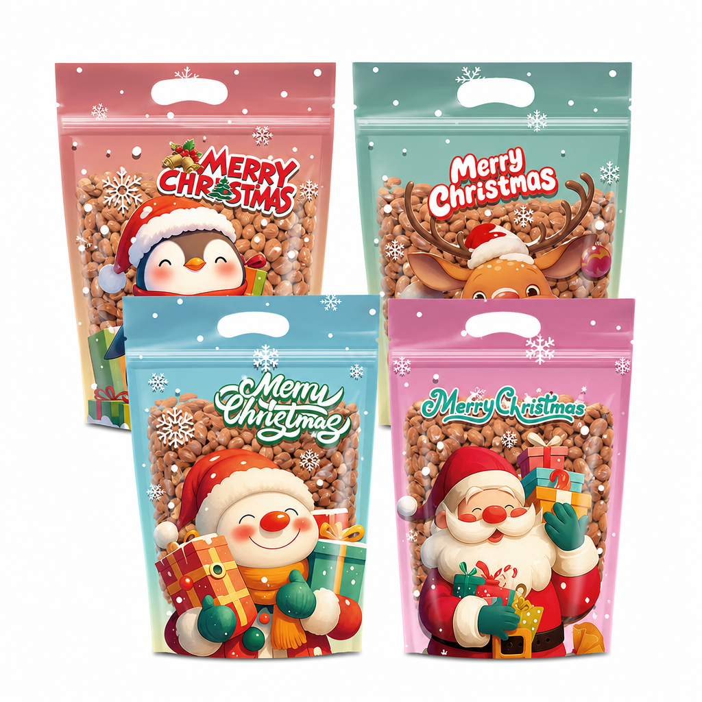 50 Pack Christmas Candy Bags Cartoon Stand Up Zipper Pouches for Snowflake Crisp Cookie and Baking Food Packaging