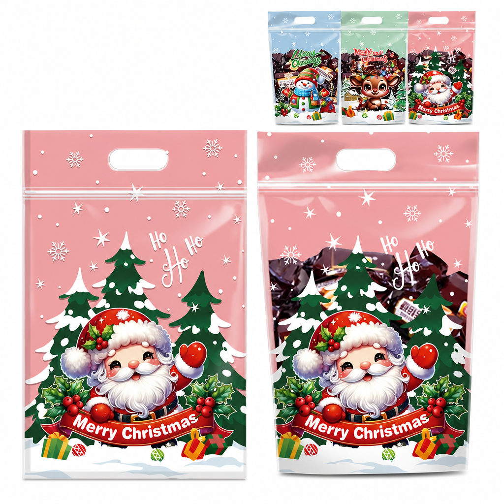 50 Pack Christmas Candy Bags Cartoon Stand Up Zipper Pouches for Snowflake Crisp Cookie and Baking Food Packaging