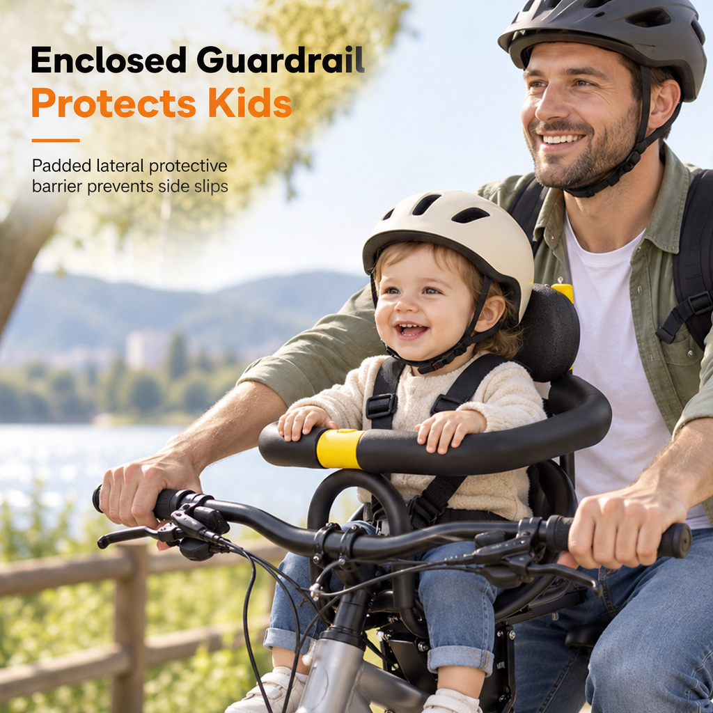 🚴 Parent-Child Bike Seat: Carbon Steel Frame, Enclosed Guardrail, Cushion