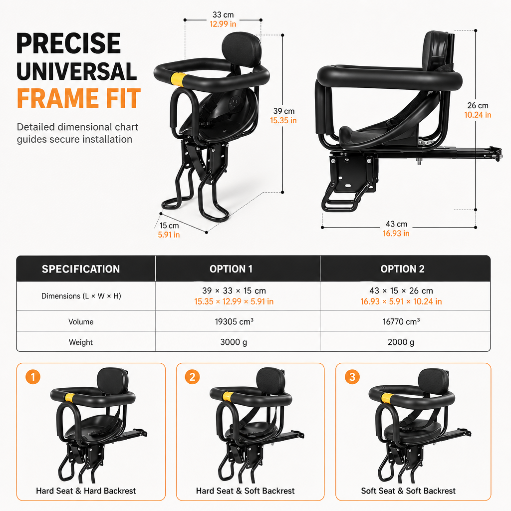 🚴 Parent-Child Bike Seat: Carbon Steel Frame, Enclosed Guardrail, Cushion