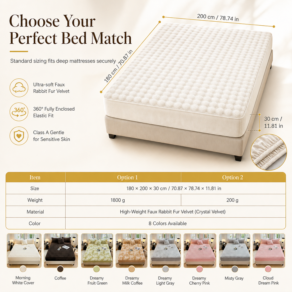 📢📢50% OFF !!🛏Soft Rabbit Plush and Milk Velvet Fitted Sheet Mattress Cover Dustproof Mattress Protector