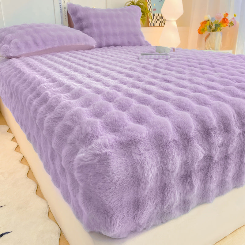 📢📢50% OFF !!🛏Soft Rabbit Plush and Milk Velvet Fitted Sheet Mattress Cover Dustproof Mattress Protector