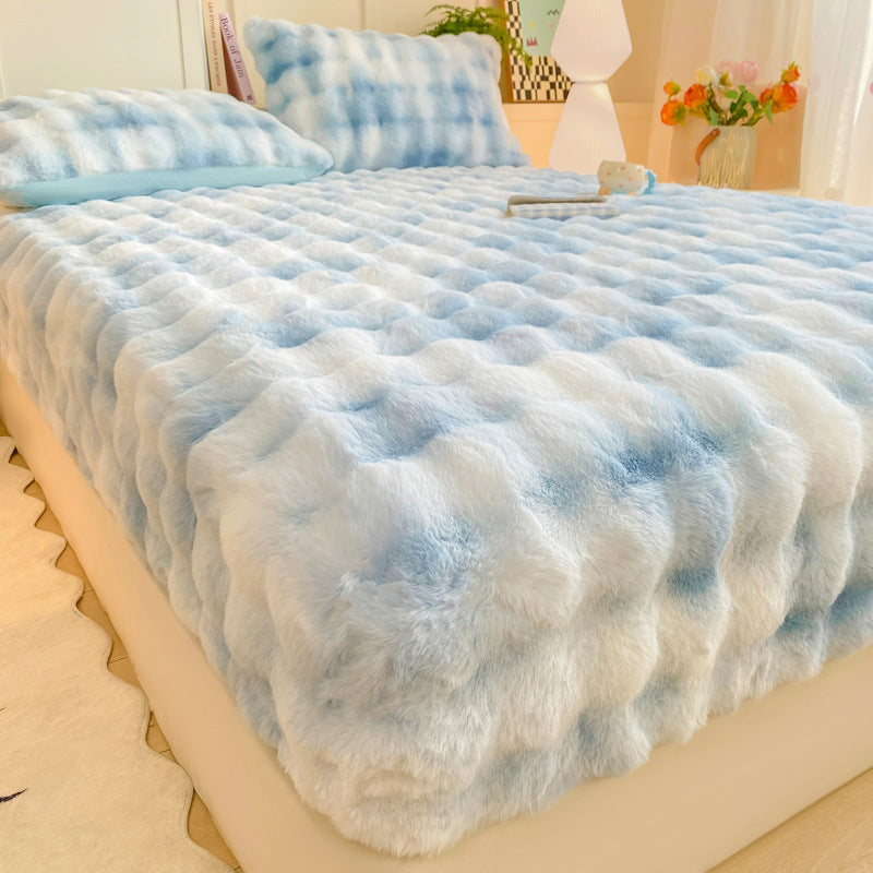 📢📢50% OFF !!🛏Soft Rabbit Plush and Milk Velvet Fitted Sheet Mattress Cover Dustproof Mattress Protector