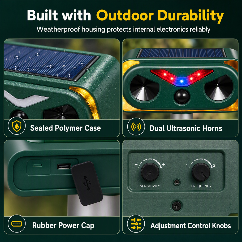🐾 Solar Animal Repellent: Dual Deterrent Horns, Smart Motion Sensor, Waterproof, for Garden & Yard