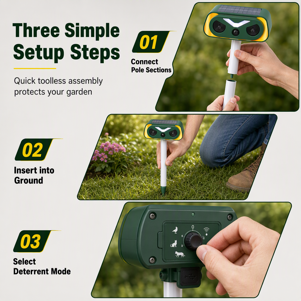 🐾 Solar Animal Repellent: Dual Deterrent Horns, Smart Motion Sensor, Waterproof, for Garden & Yard