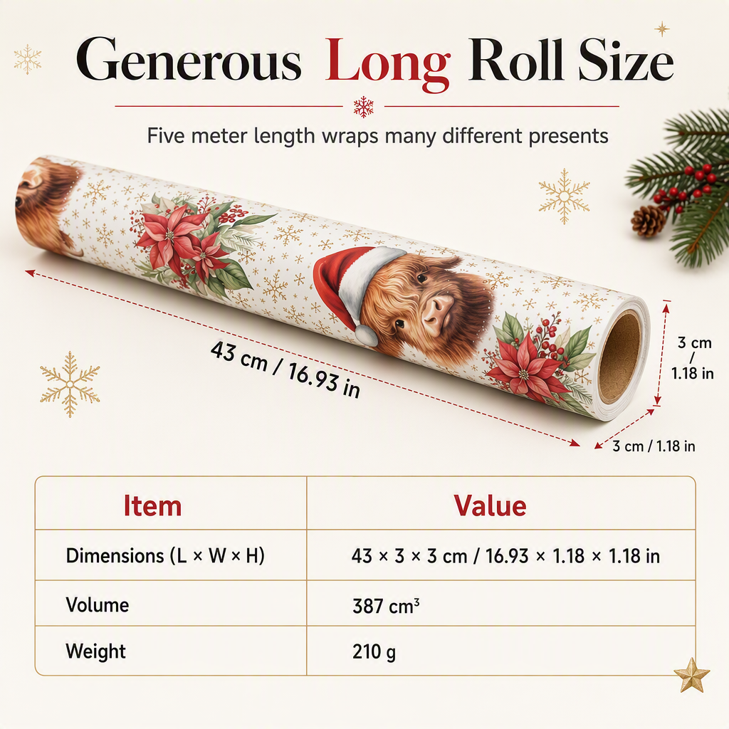 ⏳Time-Limited Special⏰ Christmas Highland Cow Floral Wrapping Paper Roll – Double-sided, Thick, Large Roll ✨