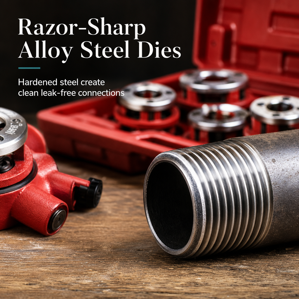 Manual Pipe Threading Tool Kit with Ratchet Handle and Die Heads
