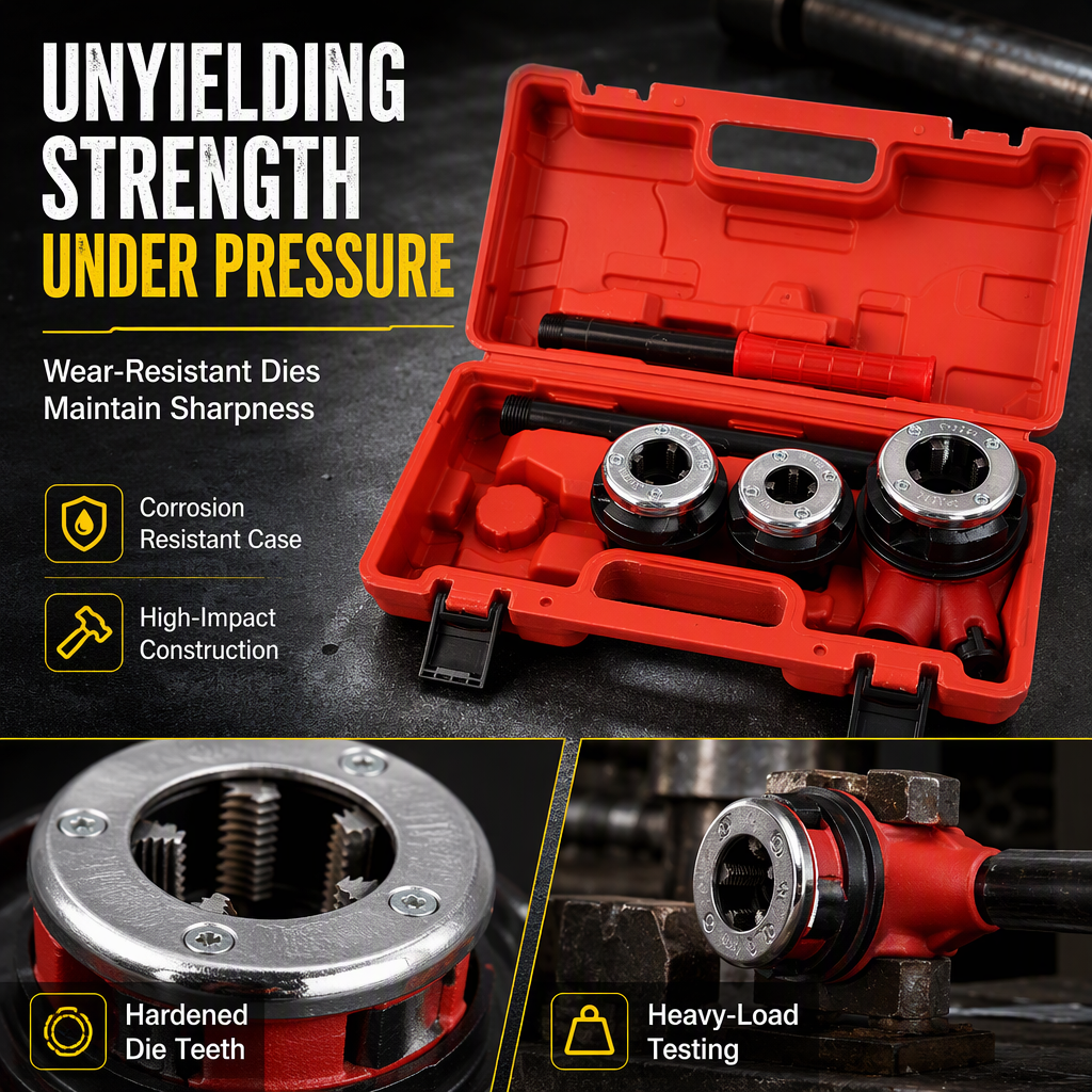 Manual Pipe Threading Tool Kit with Ratchet Handle and Die Heads