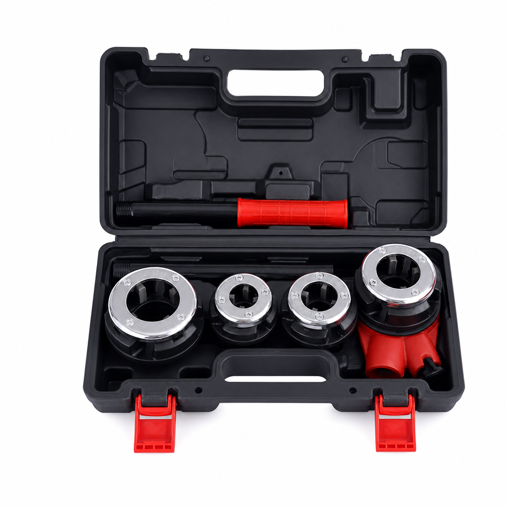 Manual Pipe Threading Tool Kit with Ratchet Handle and Die Heads