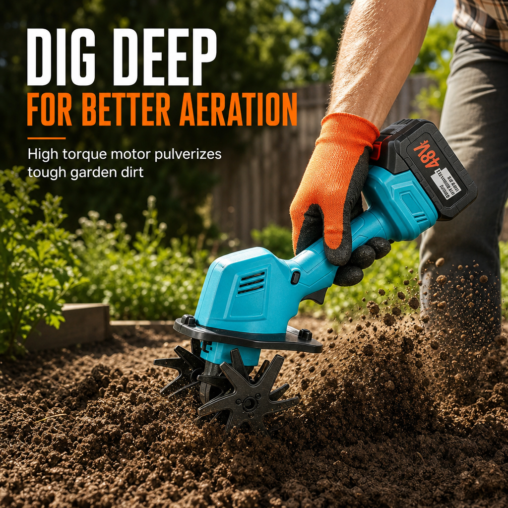Cordless Handheld Mini Tiller Cultivator 21V Lithium Battery Powered Portable Garden Soil Loosener and Weeder for Home Yard