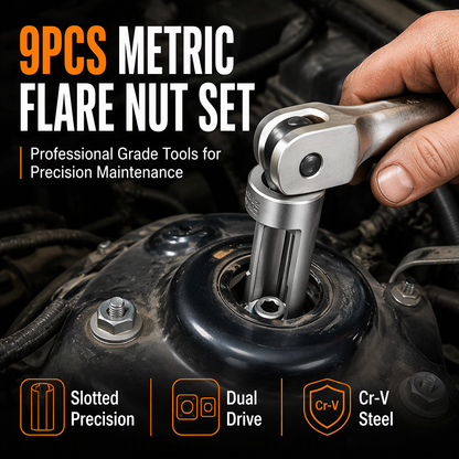 9 Piece Flare Nut Socket Set Slotted Oxygen Sensor Wrench and Diesel Injector Line Socket Auto Repair Tool Kit with Storage Case