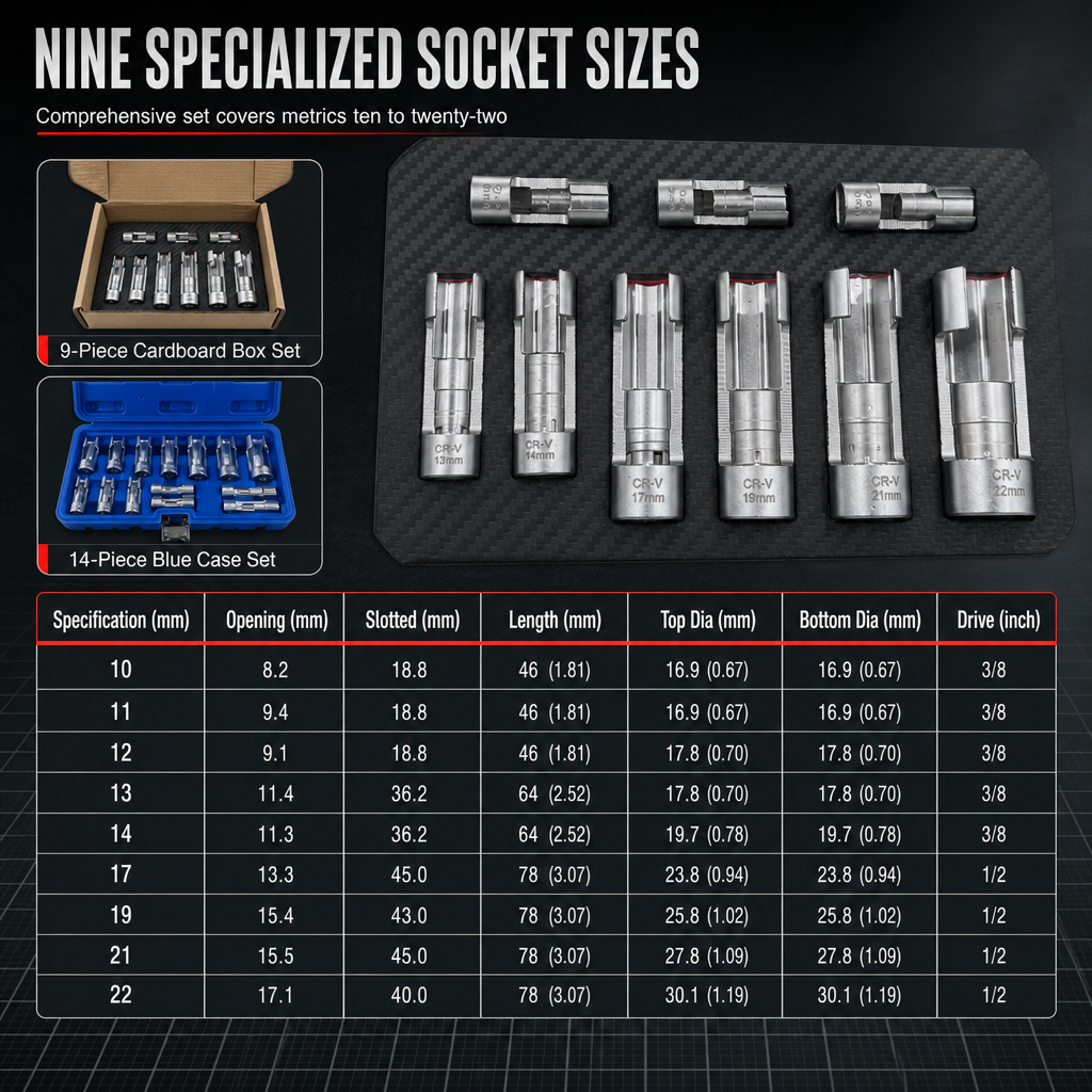 9 Piece Flare Nut Socket Set Slotted Oxygen Sensor Wrench and Diesel Injector Line Socket Auto Repair Tool Kit with Storage Case