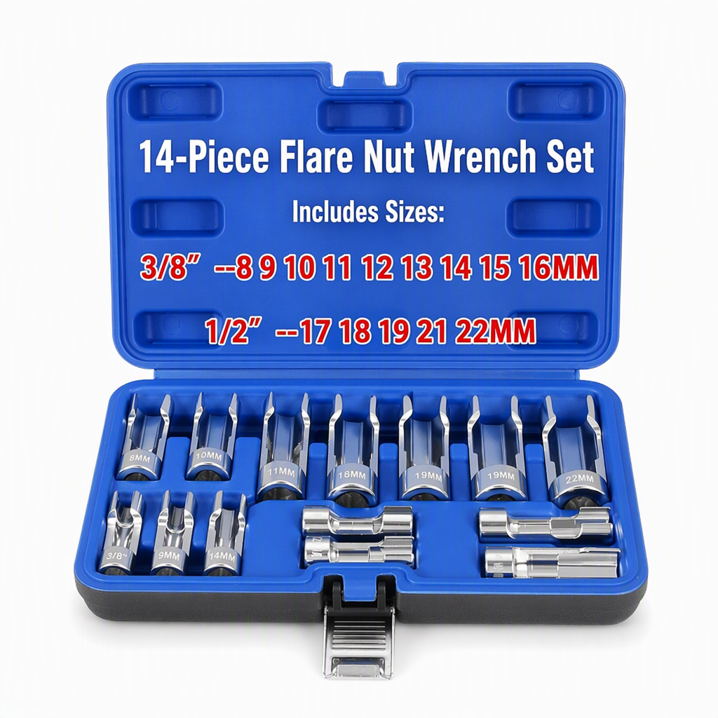 9 Piece Flare Nut Socket Set Slotted Oxygen Sensor Wrench and Diesel Injector Line Socket Auto Repair Tool Kit with Storage Case