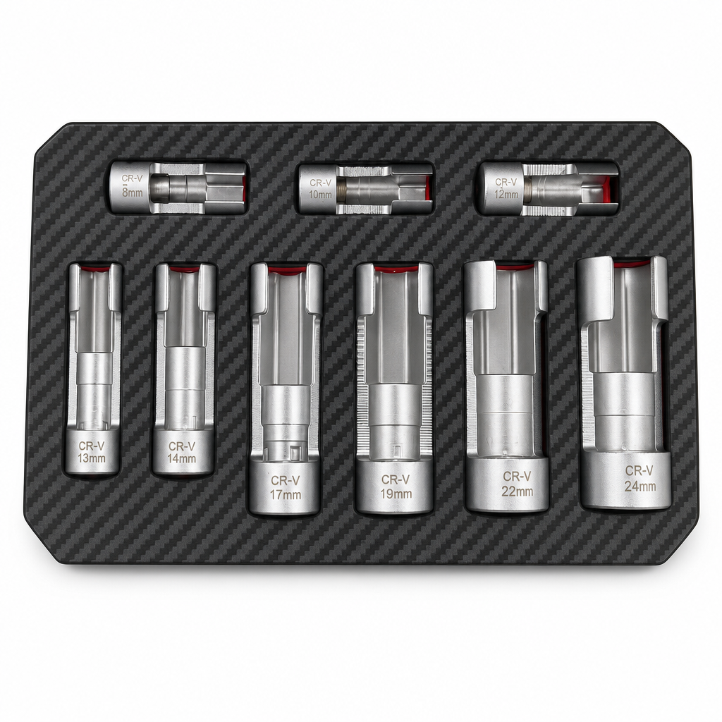 9 Piece Flare Nut Socket Set Slotted Oxygen Sensor Wrench and Diesel Injector Line Socket Auto Repair Tool Kit with Storage Case