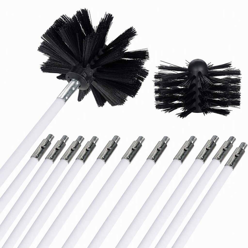 Rotary Chimney and Dryer Duct Cleaning Brush Kit with Flexible Rods and Nylon Brush Head for Boiler and Pipe Cleaning