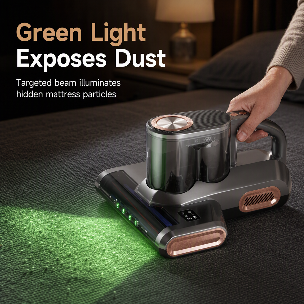Cordless Mattress Handheld Mite Remover with High Suction Green Light Dust Detection and Dual Cup Design for Bedding and Pet Hair