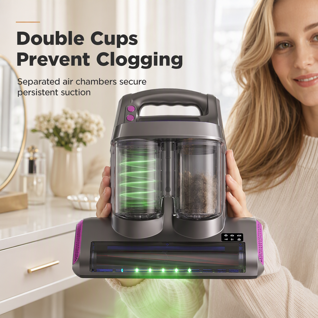 Cordless Mattress Handheld Mite Remover with High Suction Green Light Dust Detection and Dual Cup Design for Bedding and Pet Hair