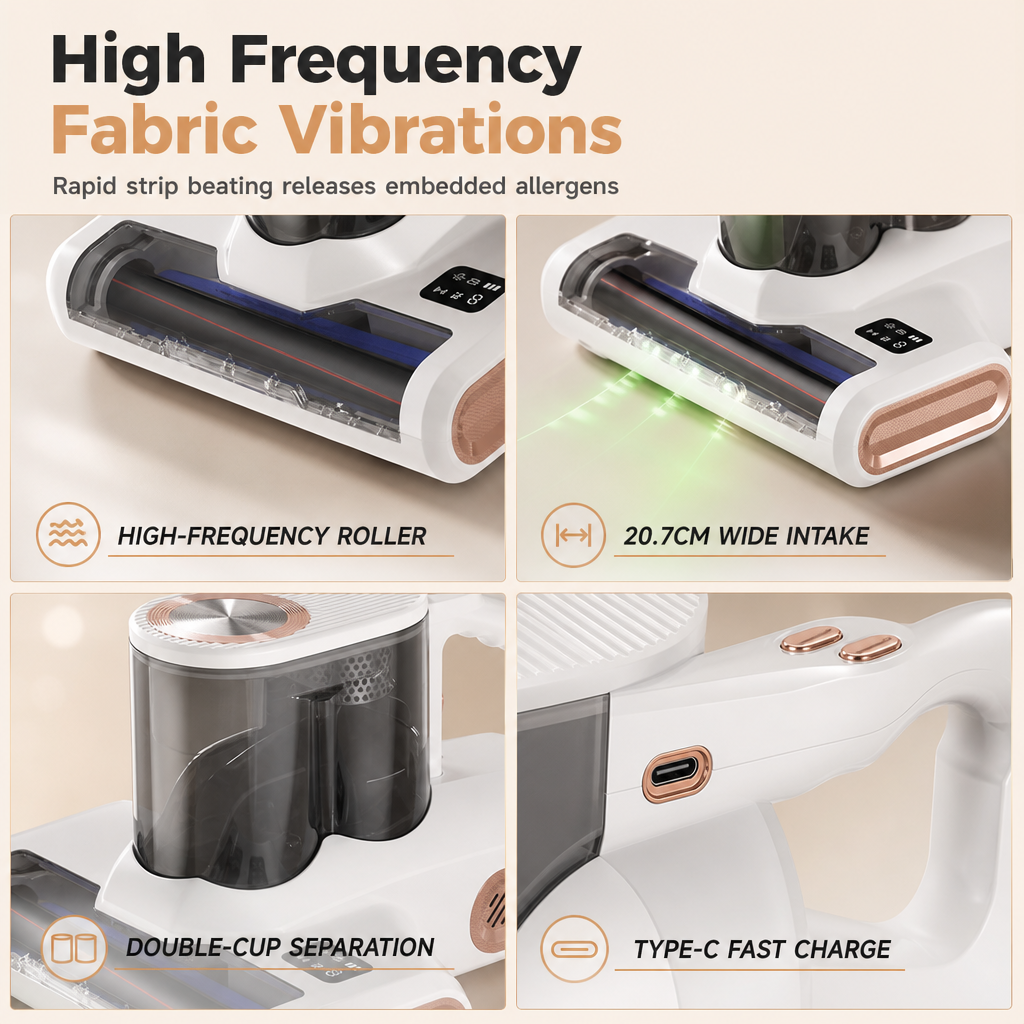 Cordless Mattress Handheld Mite Remover with High Suction Green Light Dust Detection and Dual Cup Design for Bedding and Pet Hair