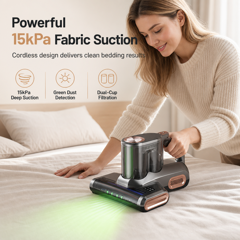 Cordless Mattress Handheld Mite Remover with High Suction Green Light Dust Detection and Dual Cup Design for Bedding and Pet Hair