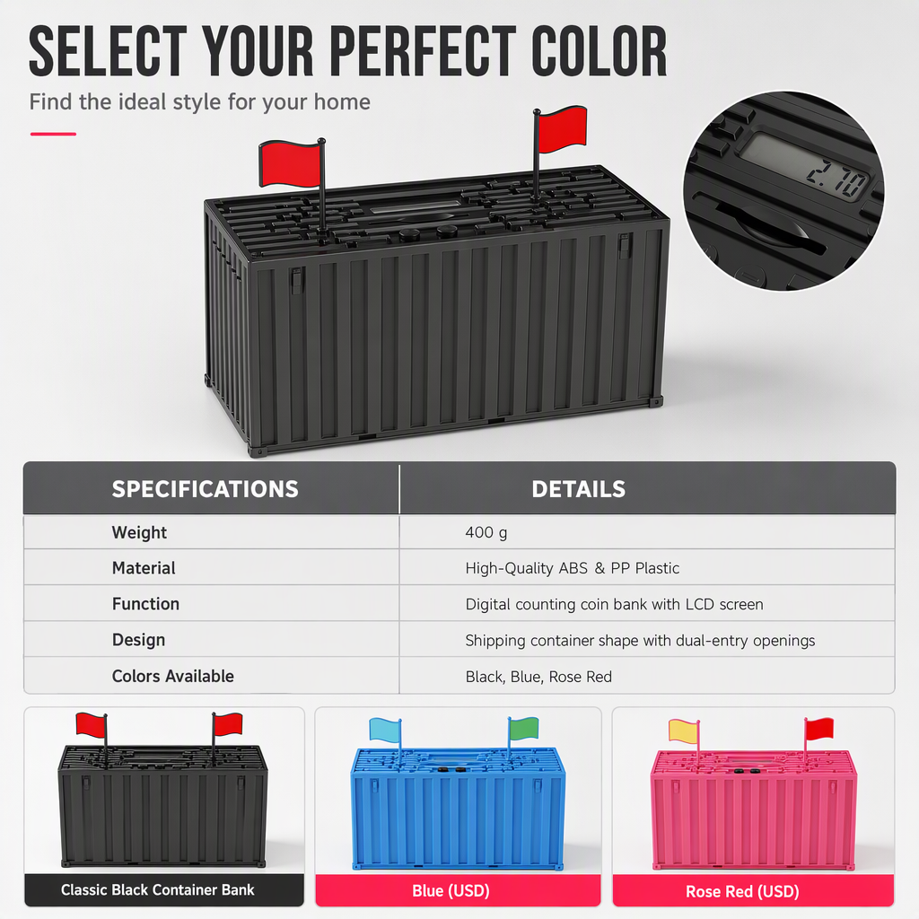 ⏳Limited-time 50% off💥Digital Coin Savings Jar Shipping Container Shaped Piggy Bank with Automatic Coin Counting for USD EUR GBP Coins Battery Operated Money Bank