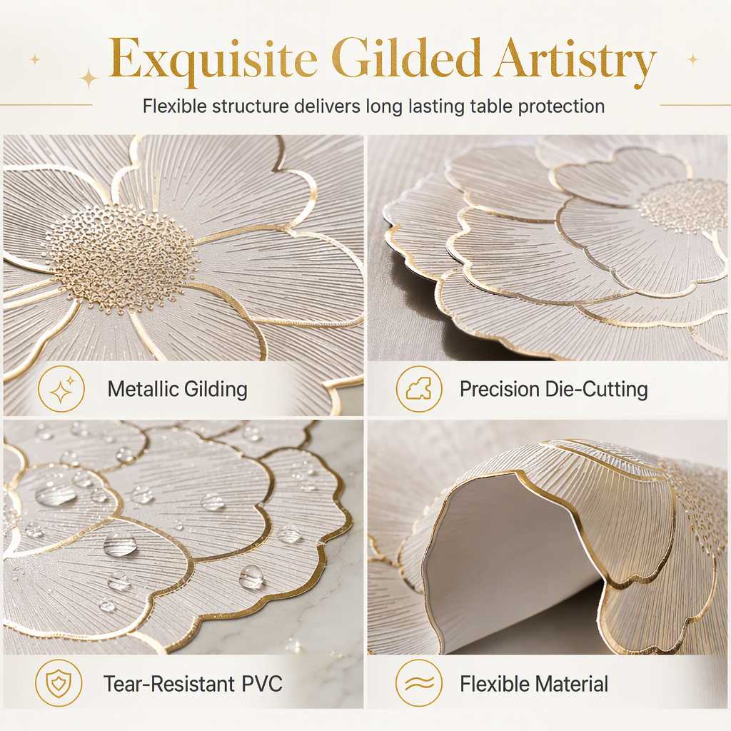 🍽️🔥Nordic‑Style Metallic‑Gilded Hollow‑Peony PVC Placemat | Water‑Oil‑Repellent Wipe‑Clean🌸