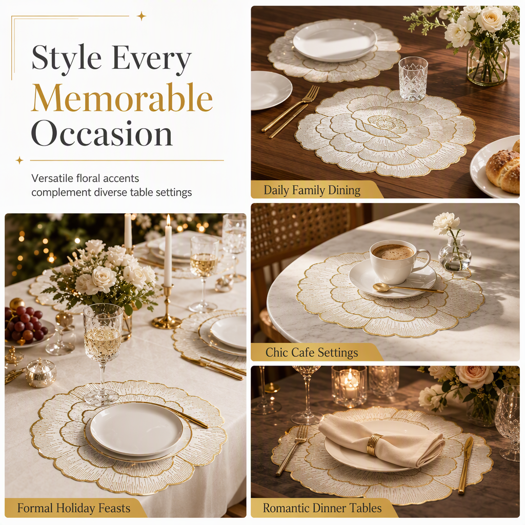 🍽️🔥Nordic‑Style Metallic‑Gilded Hollow‑Peony PVC Placemat | Water‑Oil‑Repellent Wipe‑Clean🌸