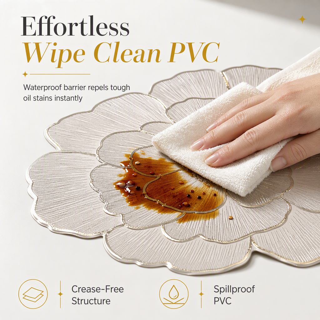 🍽️🔥Nordic‑Style Metallic‑Gilded Hollow‑Peony PVC Placemat | Water‑Oil‑Repellent Wipe‑Clean🌸