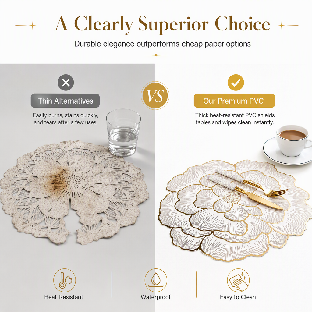 🍽️🔥Nordic‑Style Metallic‑Gilded Hollow‑Peony PVC Placemat | Water‑Oil‑Repellent Wipe‑Clean🌸