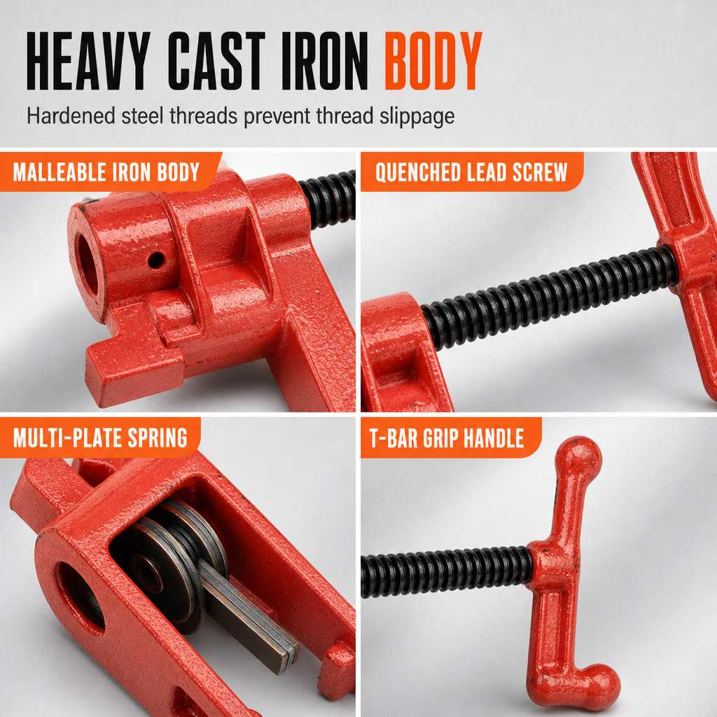 Heavy Duty Woodworking Pipe Clamp Fixture for 1/2 Inch and 3/4 Inch Pipes Steel Pipe Clamp Tool for Wood Gluing and Clamping