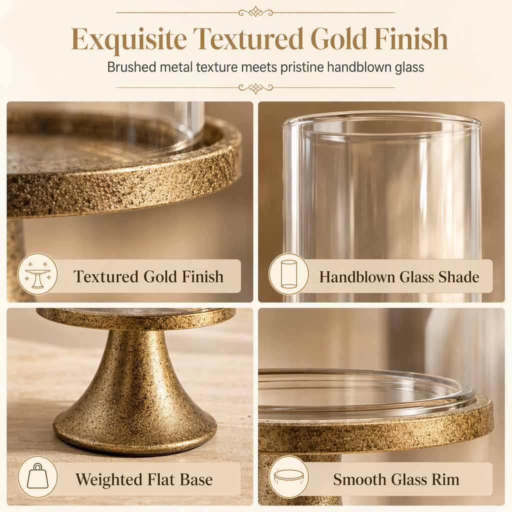 Vintage Gold Candle Holder Set with Glass Covers for Weddings and Candlelight Dinners