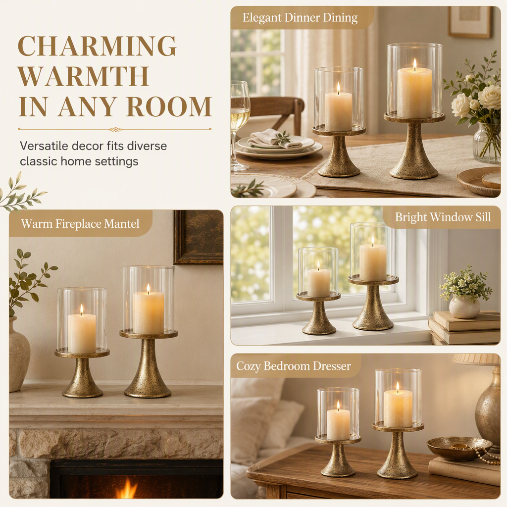 Vintage Gold Candle Holder Set with Glass Covers for Weddings and Candlelight Dinners
