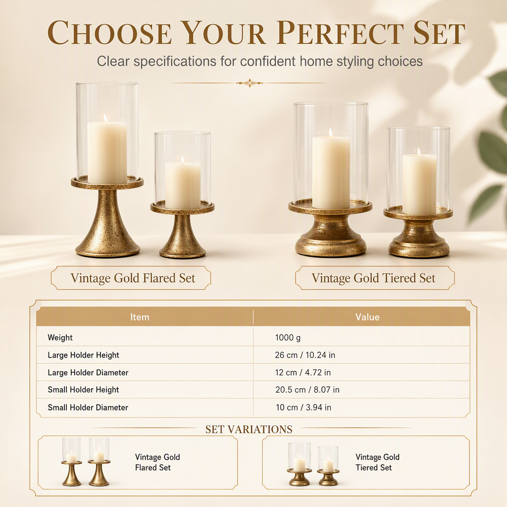 Vintage Gold Candle Holder Set with Glass Covers for Weddings and Candlelight Dinners